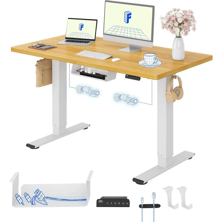 FLEXISPOT Höhenverstellbarer Schreibtisch mit 2 Motoren & 25MM einteiliger Tischplatte,ergonomischer Bürotisch - 120x80 cm Ahorn, weißes Gestell – Bild 1