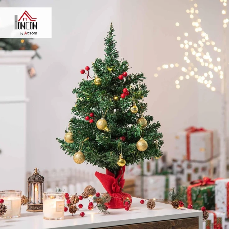 HOMCOM Künstlicher Weihnachtsbaum Mini Weihnachtsbaum mit Weihnachtskugeln, LED-Lichtern, roten Beeren, Tannen, 40 x 60 cm (BxH), grün, rot, gold – Bild 2