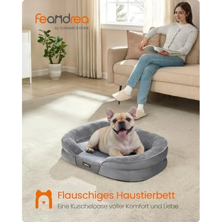 Feandrea Hundebett, Hundekissen, für mittelgroße Hunde, 76 x 51 x 18 cm, orthopädisch, wasserdichte Innenschicht, erhöhte Ränder, Abnehmbarer, waschbarer Bezug, rutschfest, hellgrau PGW281G01 – Bild 3
