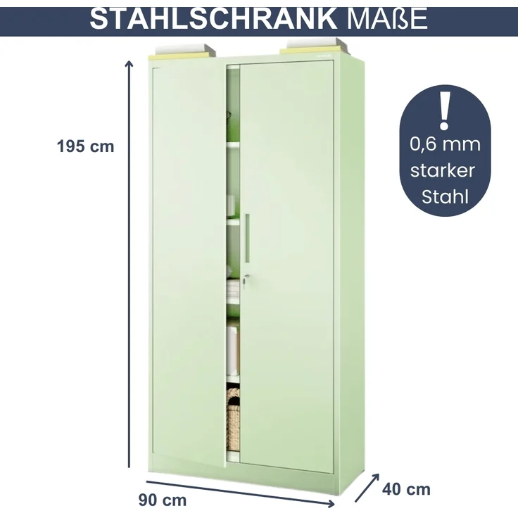 Aktenschrank abschließbar KADO - 5 Ebenen verstellbar, Flügeltüren | Metallschrank Werkstatt Mehrzweckschrank Büroschrank aus Stahl Werkzeugschrank, 195x90x40cm Pastellgrün – Bild 2