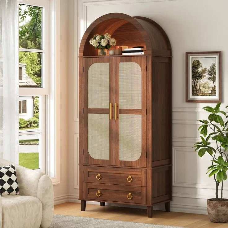 Merax Sideboard mit LED-Beleuchtung, Hochschrank mit Bogen-Nische & Rattan-Dekor (Aufbewahrungsschrank 76 x 40 x 179,5 cm, 1 St), Wohnzimmerschrank mit 2 Türen, 3 Einlegeböden & 2 Schubladen – Bild 1