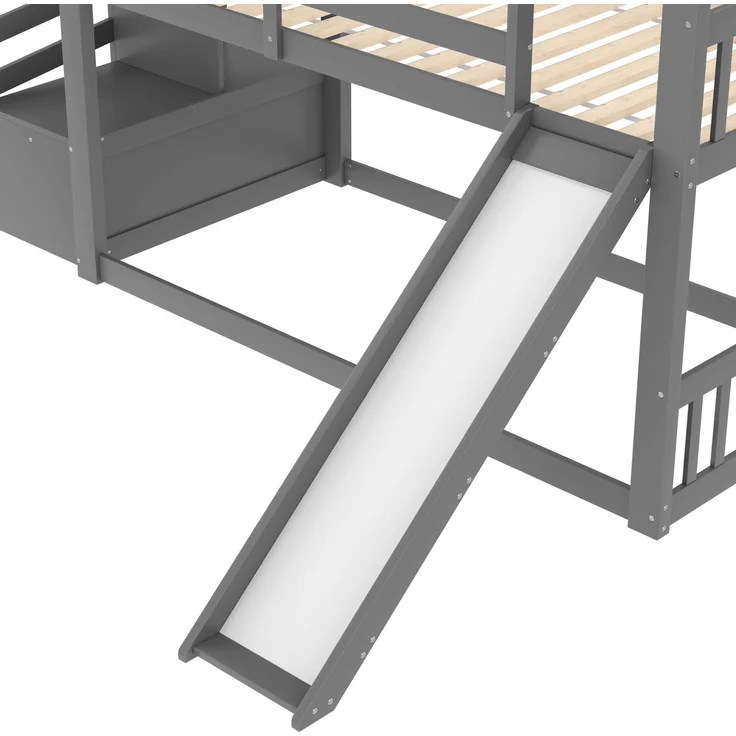 CHICFURN Etagenbett aus Kiefernholz und MDF Grau 90x200 cm mit Rutsche und Stauraumtreppe – Bild 5
