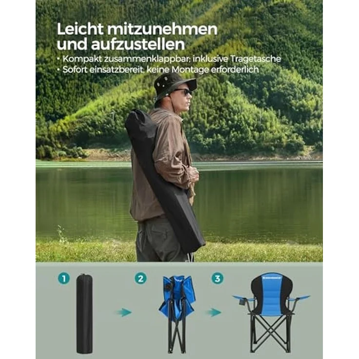 SONGMICS Campingstuhl, klappbar, Klappstuhl, komfortabler mit Schaumstoff gepolsterter Sitz, mit Flaschenhalter, hoch belastbar, max. Belastbarkeit 250 kg, Outdoor Stuhl, blau GCB06BU – Bild 7