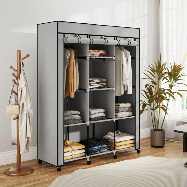 Stoffschrank 125x43x162,5 cm mit 8 Regalen und 2 Kleiderstangen – hellgrauer Faltschrank – Bild 4