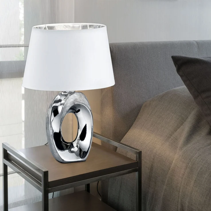 LED Design Tischleuchte, Textil, Keramik, silber-weiß, H 33 cm – Bild 2