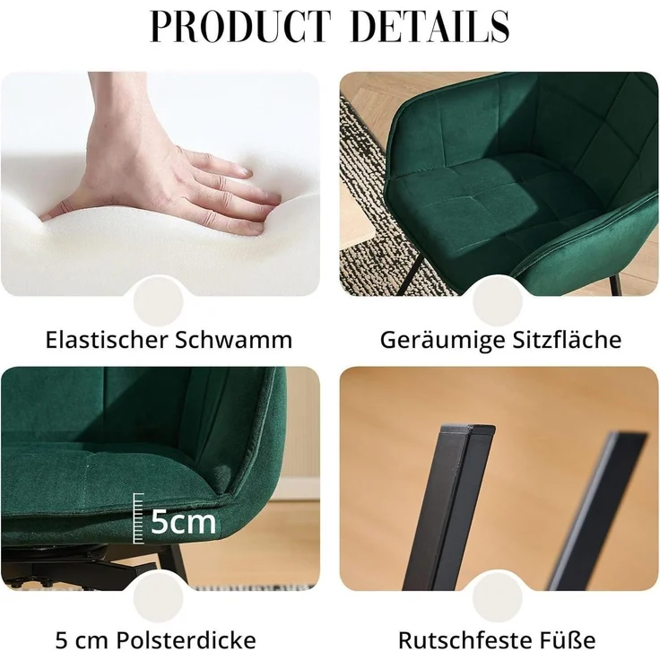 Esszimmerstühle Drehstuhl Armlehne Polsterstuhl 2er Set Samt Grün – Bild 9