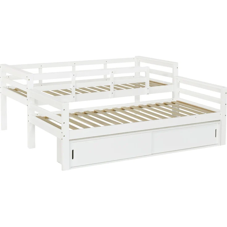 Bett als teilbares Etagenbett, 2 Liegeflächen à 90x200 cm, Weiß, mit Schiebetür-Stauraum, ohne Matratze – Bild 10