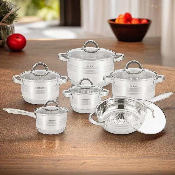 Kochtopf Kasserolle Bratpfannen Set 12-tlg Edelstahl Cheffinger SS1230 – Bild 1