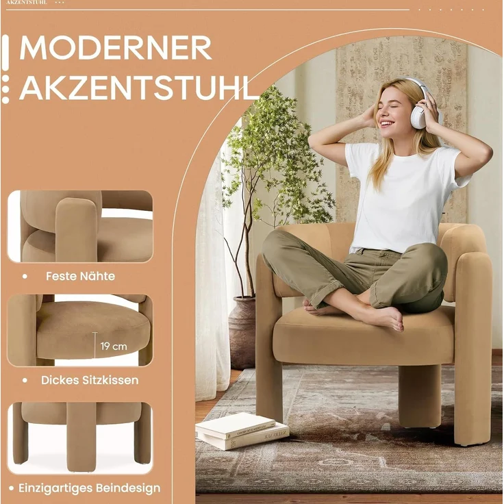 COLAMY Modern Velvet Ohrensessel 2er Set, Gepolsterter Sessel Wohnzimmer, Bequemer Runder loungesessel mit 3 Beinen für Wohnzimmer, Schlafzimmer, Leseecke, Khaki – Bild 4