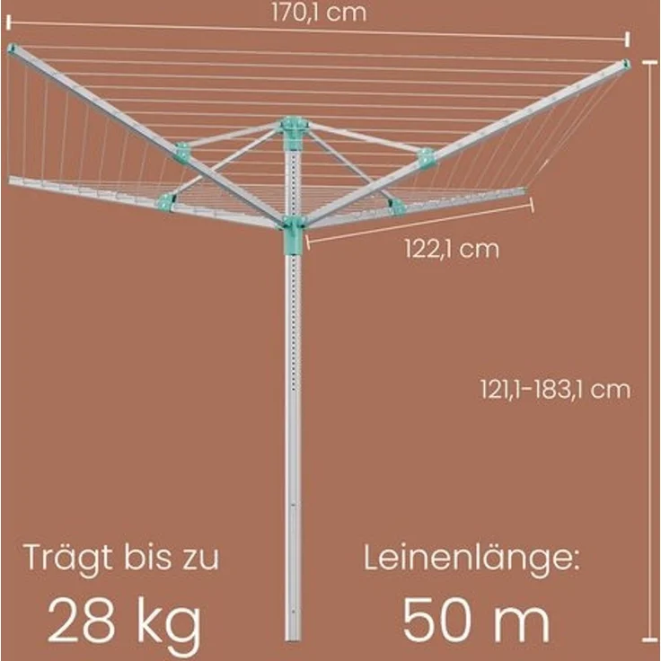 SONGMICS Wäschespinne, höhenverstellbarer, 50 m Wäscheleine, für 5 Waschladungen, draußen, silbern-grün – Bild 5