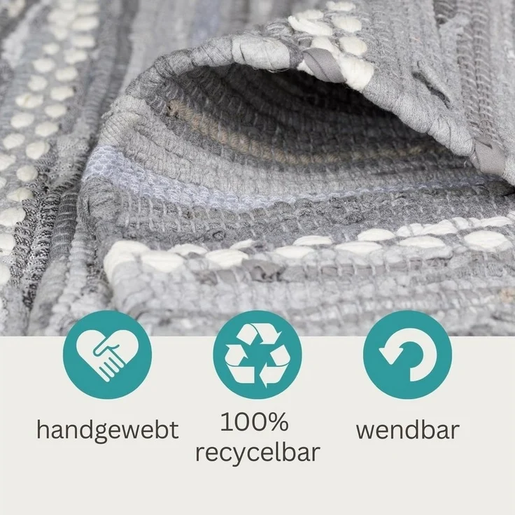 Wohnando Teppich MY-RUG Nandini, Chindi-Teppich 200x140 cm, rechteckig, Höhe: 10 mm, aus recycelten Baumwollresten, handgewebt, wendbar, mit Fransen – Bild 3