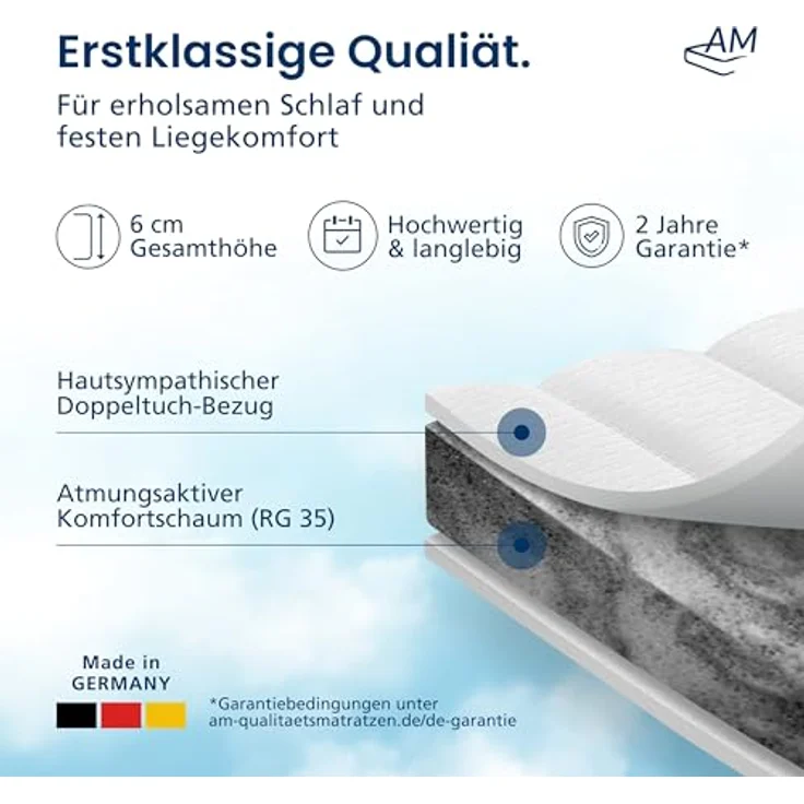 AM Qualitätsmatratzen Topper 150x220cm hart, Oeko-TEX zertifiziert, klimaregulierender Bezug, waschbar bis 60°C, Made in Germany – Bild 3