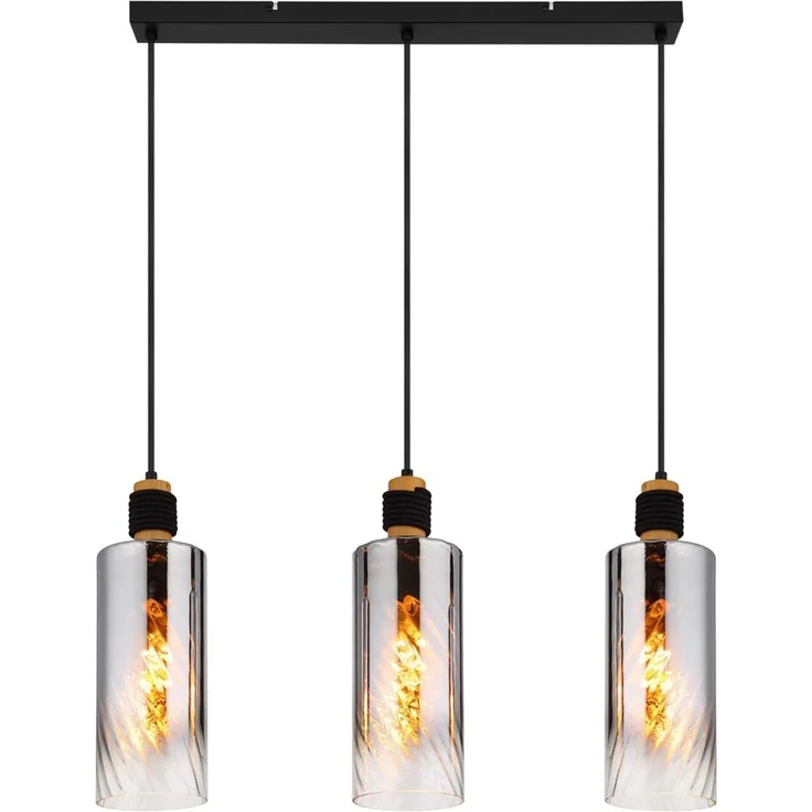 Pendelleuchte, schwarz, Holz braun, Glas rauchfarben, H150cm – Bild 5