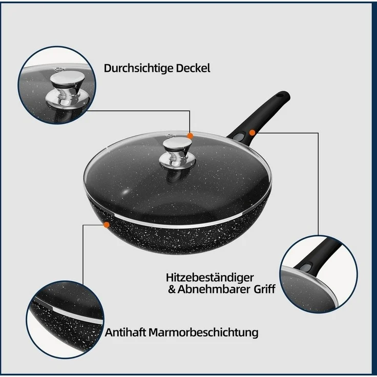 HOMELUX Bratpfanne Wokpfanne 28/30/32cm Pfanne Induktion mit Glasdeckel Abnehmbarer Griff, Aluminium (Antihaft, alle Herdarten) – Bild 2
