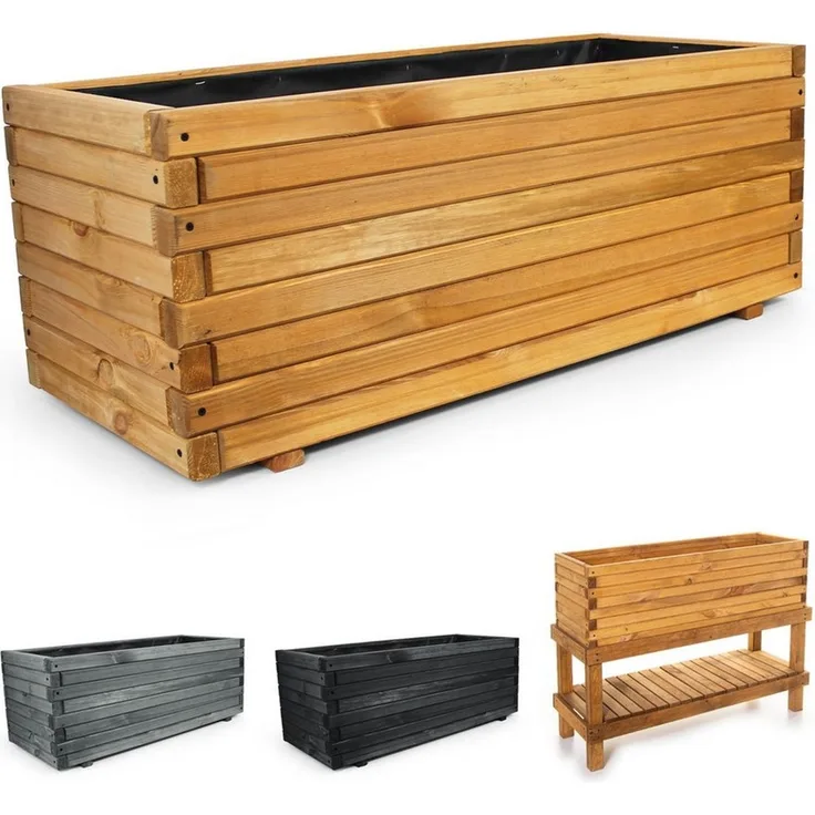 BooGardi Pflanzkübel Pflanzkasten Holz mit Vlies (Hochbeet 90cm naturbraun), 5 Größen Blumenkasten Kräuterbeet Balkon Terrasse