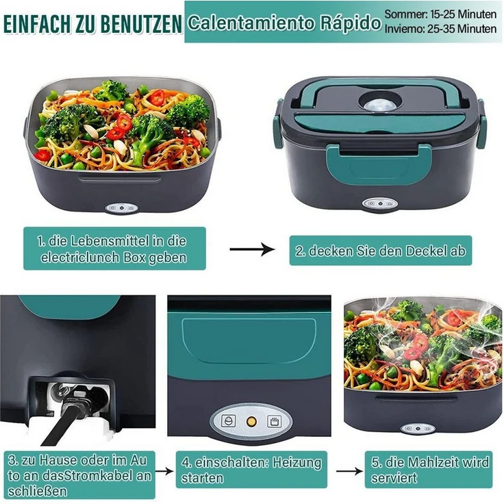 MOPUEA Elektrische Lunchbox 3 in 1 Elektrische Lunchbox für Zuhause und Auto, 1,5 L Brotdose, (Brotdose aus Edelstahl, schnelles Erhitzen von Speisen, 1-tlg, mit getrennter Fach), mit Löffel und Gabeln, Tragetasche und Reinigungstuch – Bild 3