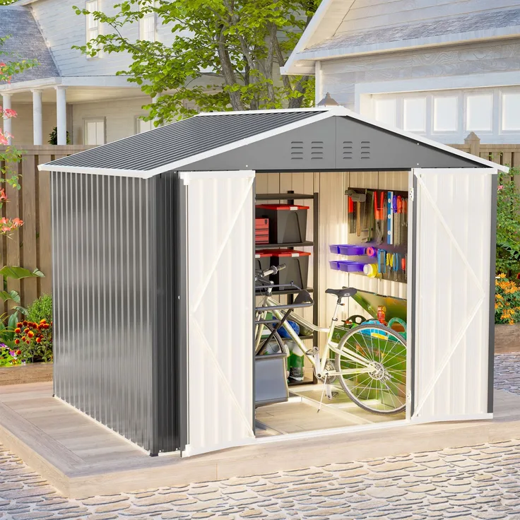 ZUBALIYA Stabiles Metall-Gerätehaus in Anthrazit 8x6 FT mit praktischer Klapptür Ideal als Gartenschuppen für Werkzeuge & Gartengeräte