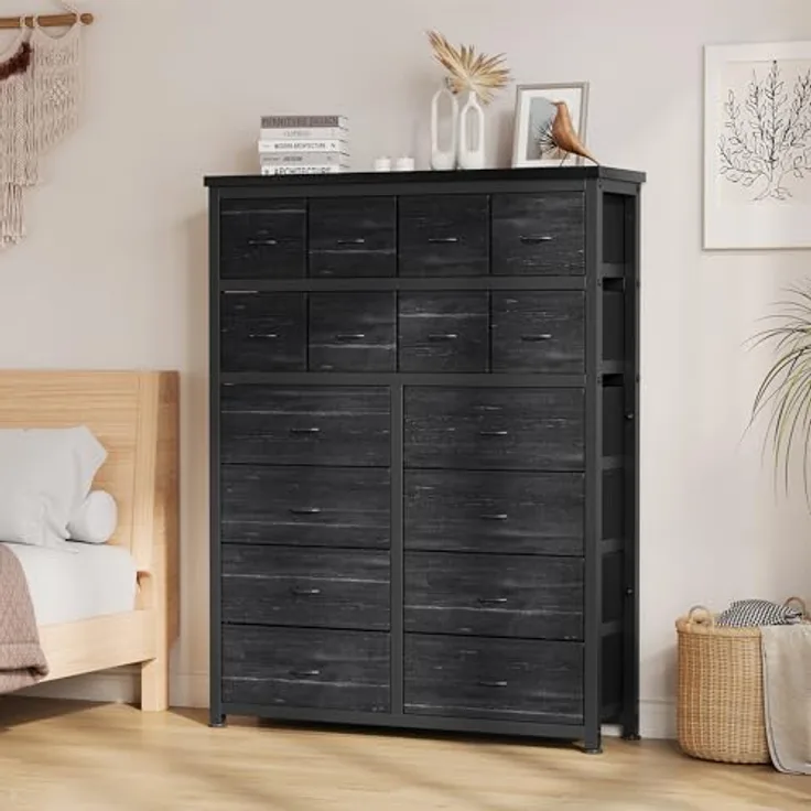 GarveeHome Hohe Kommode Mit 16 Stoffschubladen, Großzügiger Kleiderschrank Mit Metallgestell, Für Schlafzimmer Und Wohnzimmer, 103 x 30 x 130 cm