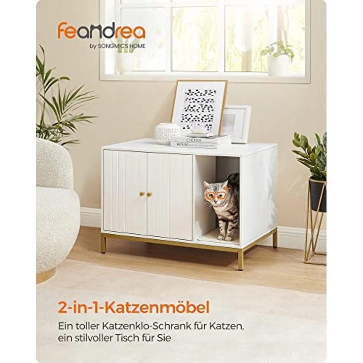 Feandrea Katzenklo-Schrank, Katzenhaus, Katzentoilette, mit Kratzmatte, hohe Beine, für Katzen, Beistelltisch, 80 x 50 x 55 cm, weiß-goldfarben PCL007W01 – Bild 4