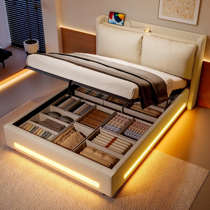 LVHOM Polsterbett 140x200cm mit LED&USB, Doppelbett mit Stauraum, Stauraumbett mit abnehmbaren Kissen, Bettgestell Massiv, Samtstoff, Beige – Bild 1