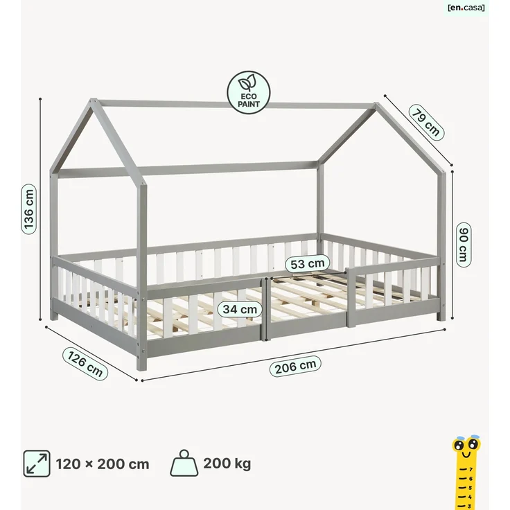 Hausbett Sisimiut mit Rausfallschutz 120x200 cm Hellgrau/Weiß [en. casa] – Bild 3