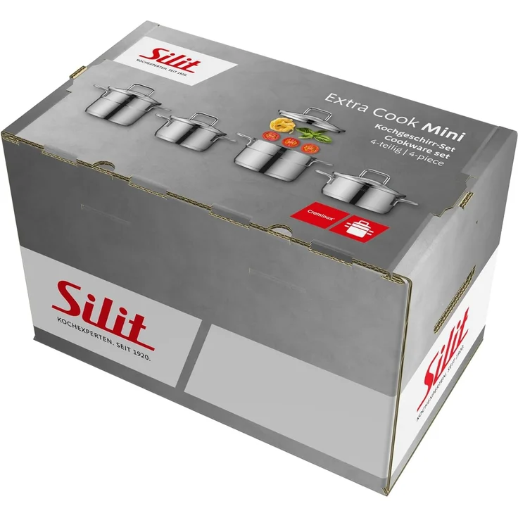 Silit Topf-Set Extra Cook Mini, Kochgeschirr-Set Induktion mit Glasdeckeln, stapelbar, Edelstahl 18/0 (Set, 8-tlg, 2 x Kochtopf 12/14cm, 2 x Bratentopf 12/14cm, 2 x Glasdeckel 12/14cm), SiliTherm Universalboden, breiter Schüttrand, spülmaschinengeeignet – Bild 11