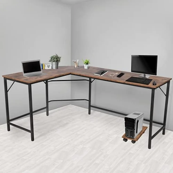 VENDOMNIA Eckschreibtisch Schreibtisch L Form - industrial Design, aus Metall (138x138 cm, mit mobiler Ablage, Schwarz Braun, Computertisch Bürotisch Arbeitstisch Home Office Büro Vintage Retro) – Bild 4