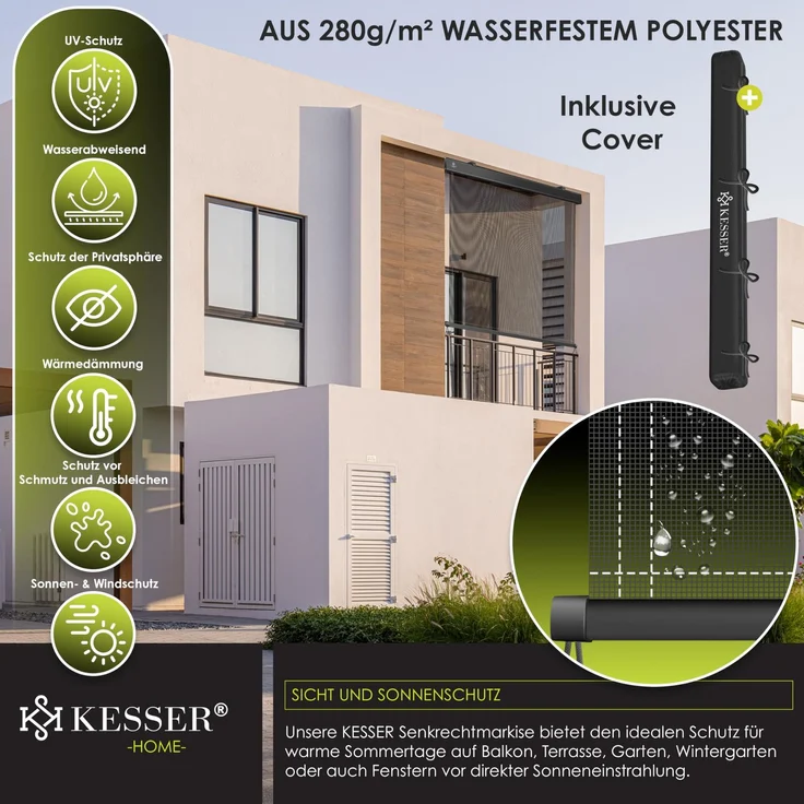 KESSER® Senkrechtmarkise Außenrollo Handkurbelmechanismus Balkonrollo Sonnen-und Sichtschutz, Beschattung Sonnenschutz Außen Rollo mit Kurbel Markisenkasten, Balkon und Terrasse 200x250 cm, Transparent / Anthrazit – Bild 6