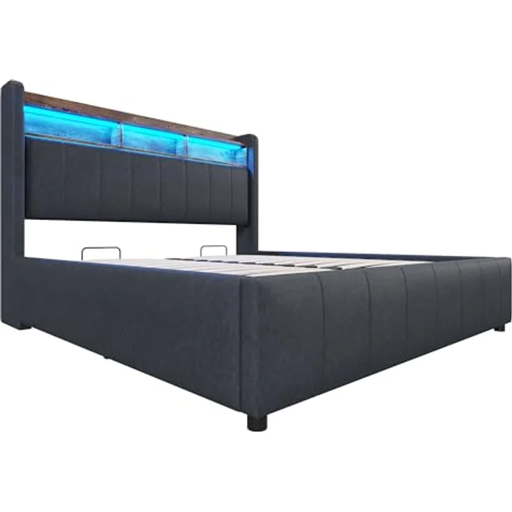 Ball & Cast Polsterbett (140x200 cm) mit hydraulischem Stauraum, Doppelbett mit Beleuchtung und USB-Ladefunktion, Einfach & Zeitsparend Montierbar, Grau – Bild 11