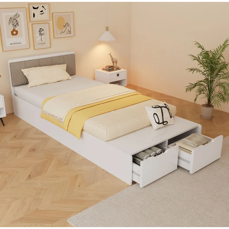 Einzelbett aus Holz mit gepolstertem Kopfteil, Sitzbank & 2 Schubladen, 90x200 cm, Weiß, ohne Matratze – Bild 10