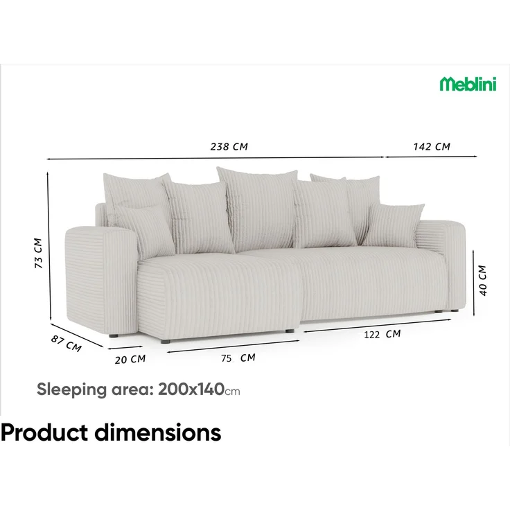 MEBLINI Schlafcouch mit Bettkasten - 238x142x73cm - Dunkelgrau Cordstoff - SOLARIS - Kleines Ecksofa mit Schlaffunktion - Sofa mit Relaxfunktion und Kissen - Kleine Couch L-Form - Eckcouch – Bild 7