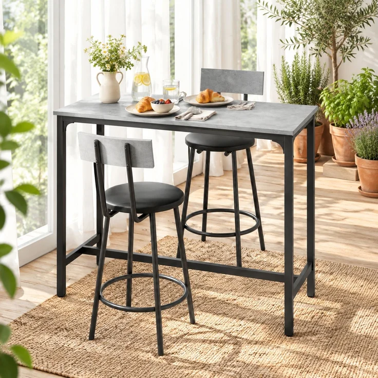 Bartisch-Set 100 x 40 x 90,5 cm mit 2 gepolsterten Barhockern und Fußstützen – Grau – Bild 1