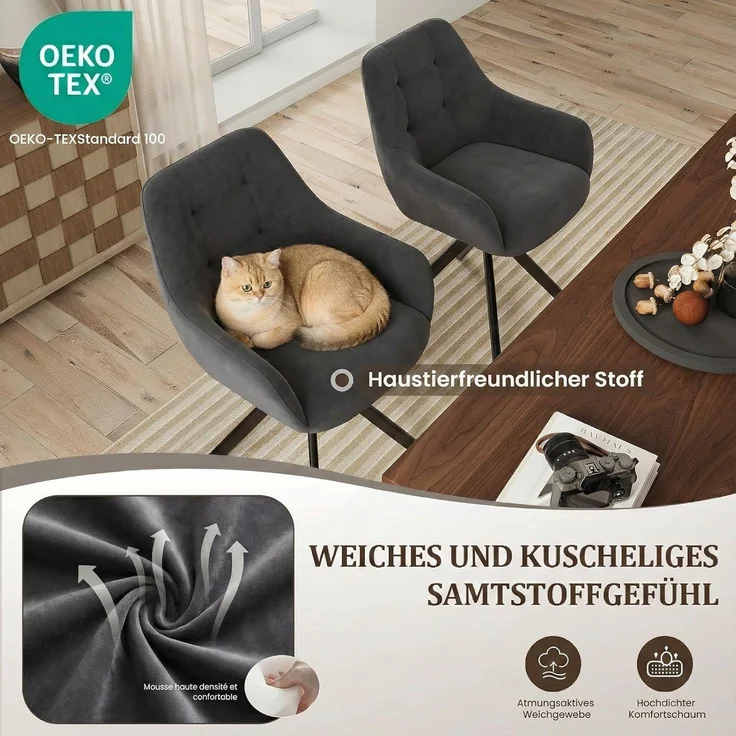 COLAMY Drehbare Esszimmerstühle 4er Set, Esszimmerstühle Drehbar mit Armlehne, Armlehnstuhl Drehbar mit Rückenlehne für Esszimmer, Stühle aus Weichem Florstoff mit Metallgestell für Küche, Grau – Bild 5