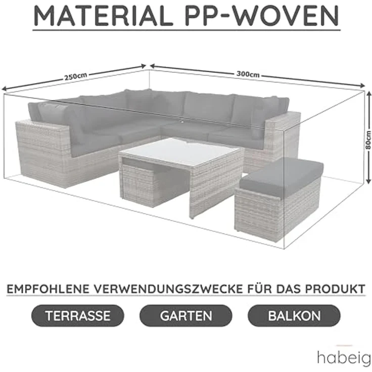 habeig Gartenmöbel-Schutzhülle XXL Schutzhülle Gartenmöbel 300x250x80cm 140g/m² PP Woven Sitzgruppe, 100% Wasserdicht – Bild 3