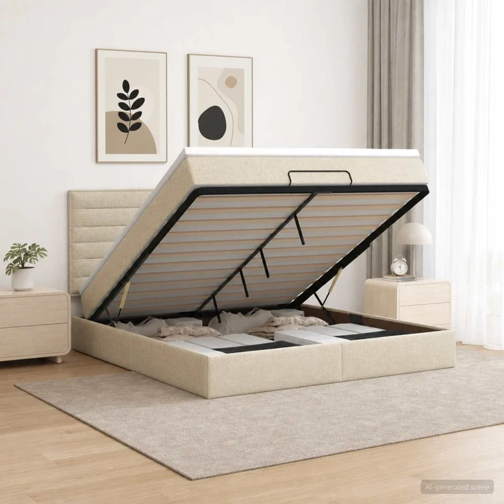 vidaXL Ottoman-Bett mit Matratze und LED Creme 160 x 200 cm Stoff 3458005 – Bild 1