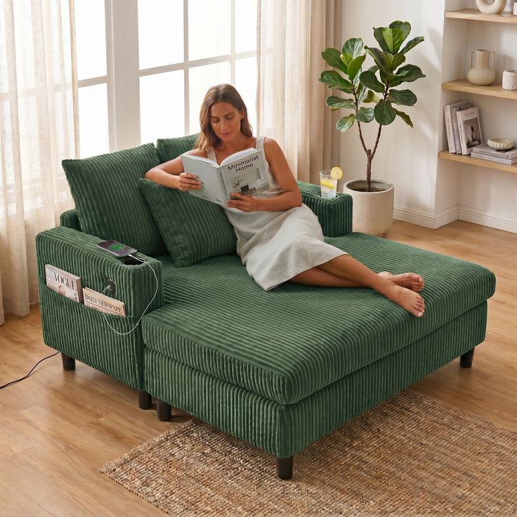LVHOM Schlafsofa mit LED & USB, Cordstoff Palmensessel, Loungesofa mit Seitentaschen & Getränkehalter, 350kg Tragkraft, 128x85x142 cm, Grün