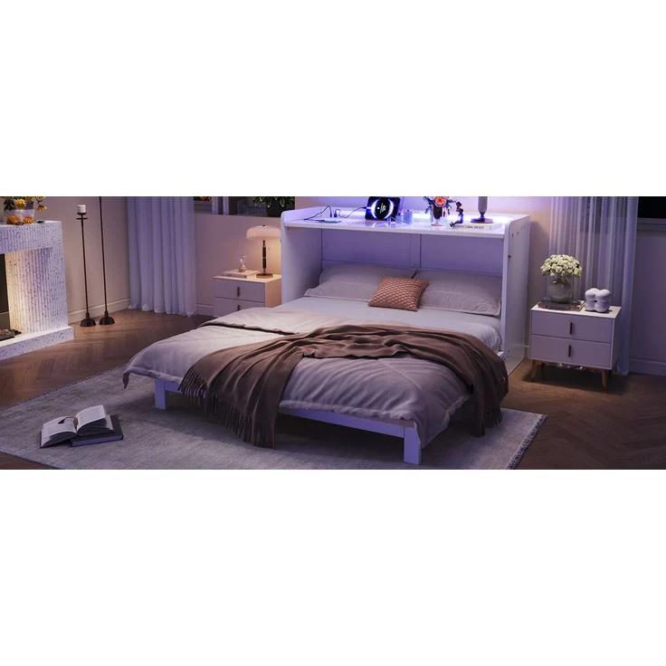 TavilaEcon Schrankbett mit USB, Steckdose, LED-Lichtleiste und Hochglanzplatte weiß Liegefläche 140 × 200 cm – Bild 4