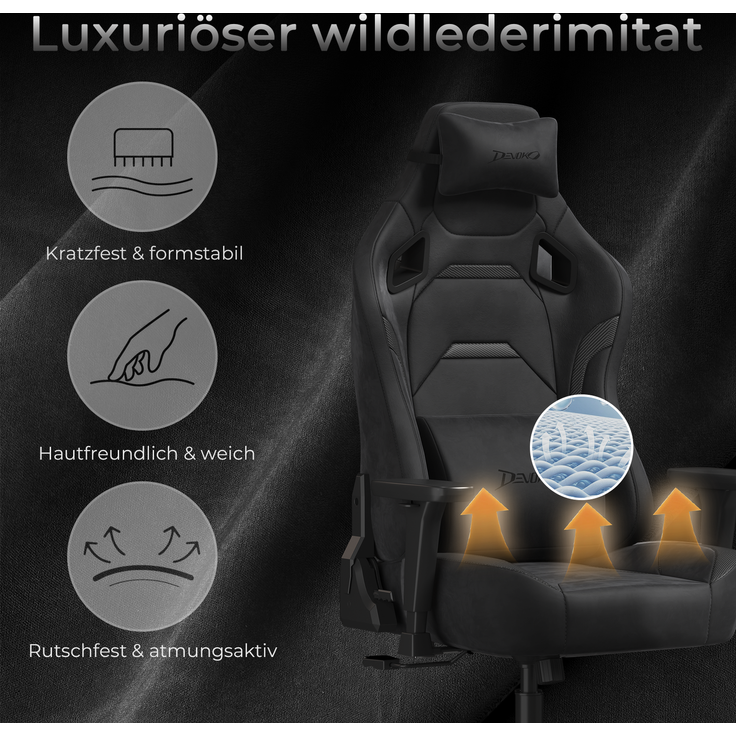 Gaming-Stuhl mit luxuriösem Wildlederimitat – ergonomisch, großzügige Sitzfläche, verstellbare Rückenlehne 90°–135°, 3D-Armlehnen,Schwarz – Bild 3