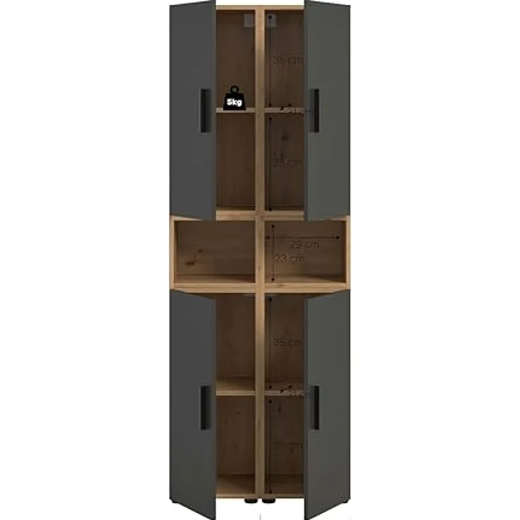 xonox. home – Wohnkombination The One 65x178x34 cm in Artisan Oak und Basalt – Schmale hohe Vitrine mit 4 Türen – 10 Fächer garantieren platzsparende Ordnung in einem markanten, dunklen Holzlook – Bild 3