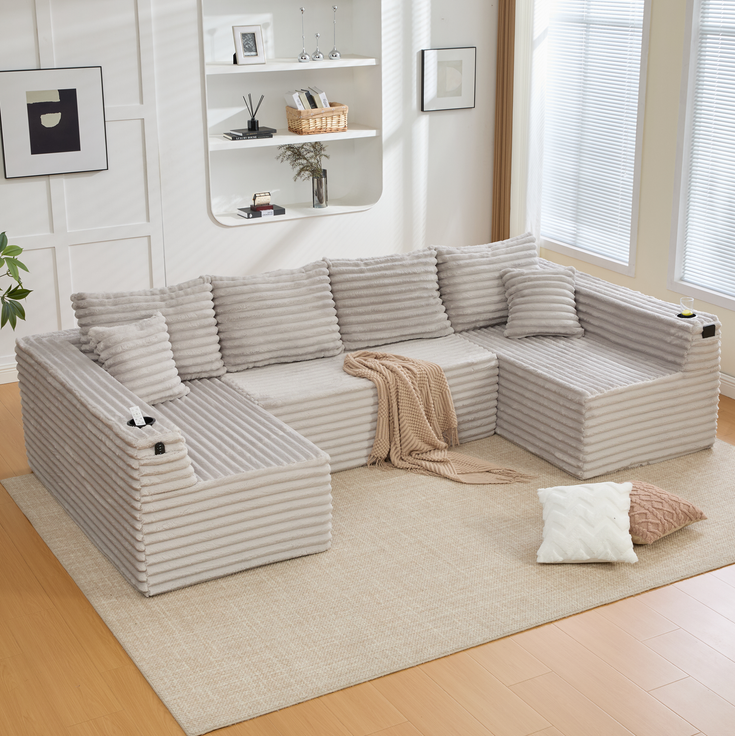 U-Sofa 320 x 155 x 88 cm aus Cord in Hellgrau – modulares Sofa mit Getränkehalter und Seitentasche