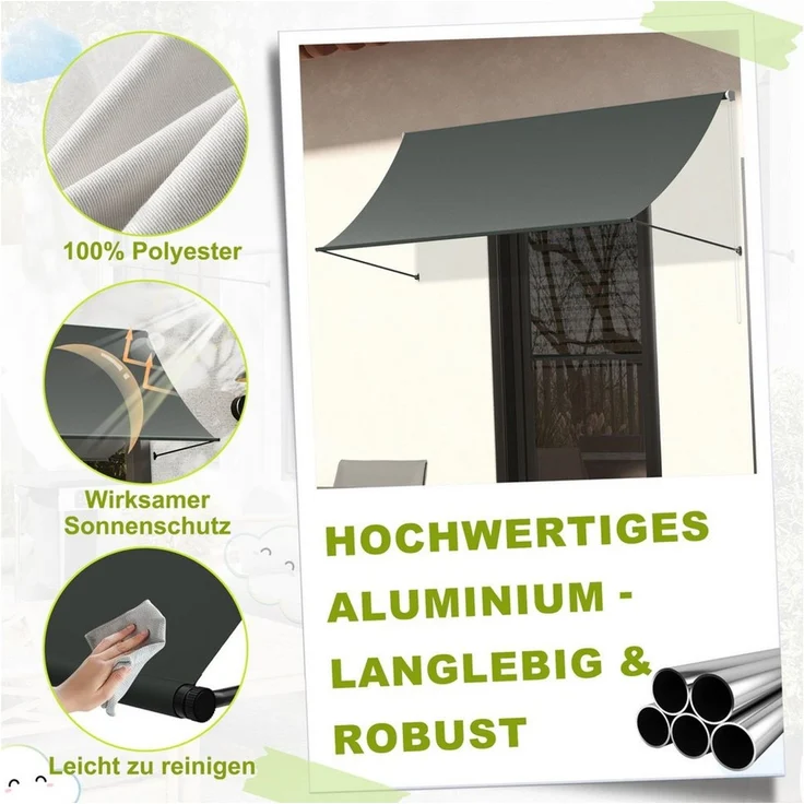 FIVMEN Markise Fallarmmarkise, Anthrazit, UV-Schutz für Balkon & Fenster Aluminiumrohre und 100% Polyestergewebe mit wasserdichter Beschichtung – Bild 4