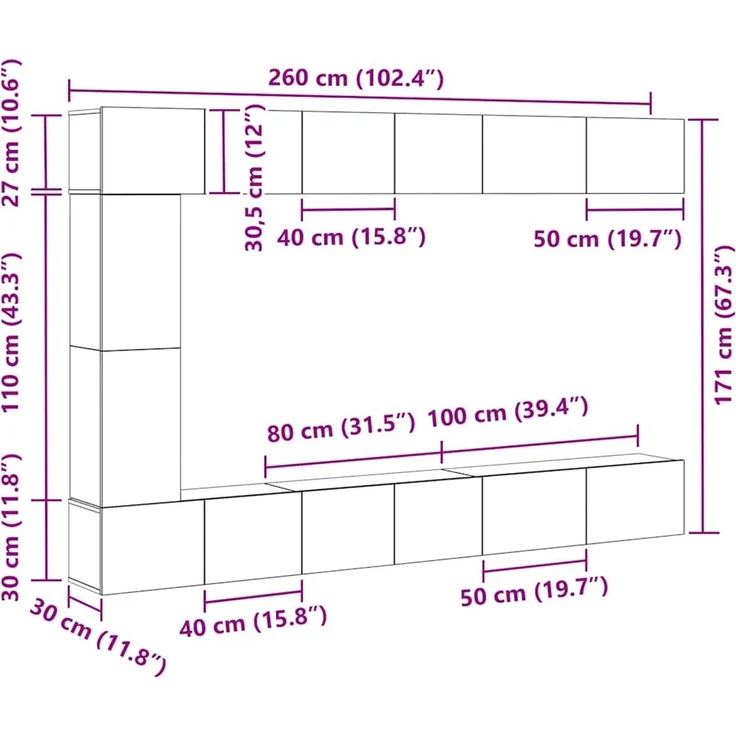 vidaXL TV-Schrankset 9 pcs Schwarz Eichen-Optik Holzwerkstoff 3333058 – Bild 12