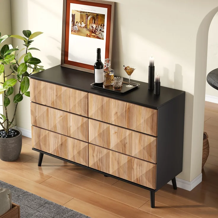 DESVIAE Sideboard mit 6 Schubladen 120x85x40 cm aus MDF und Spanplatte Schwarz/Natur – Bild 6