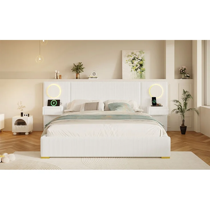 U-life Samtstoff Polsterbett 180x200 cm, fürs Schlafzimmer, USB-Anschlüssen, Samt, Beige – Bild 9