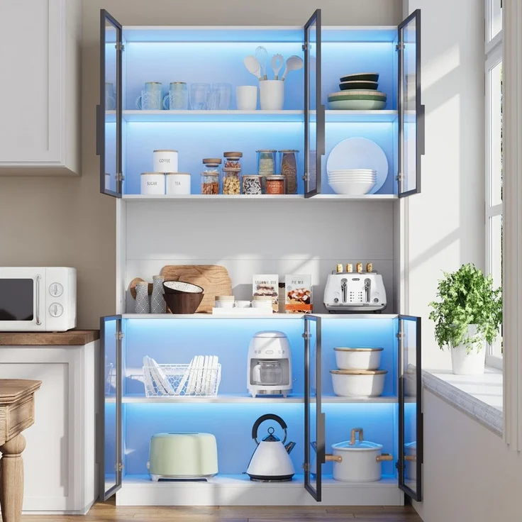 OKWISH Vitrine Regal 120x200x34 cm mit LED-Beleuchtung & 6 Glastüren – Weiß (Packung, 1-St, Elegante Aufbewahrungslösung mit Soft-Close Scharnieren) Perfekt für Ihre wertvollen Stücke. – Bild 3