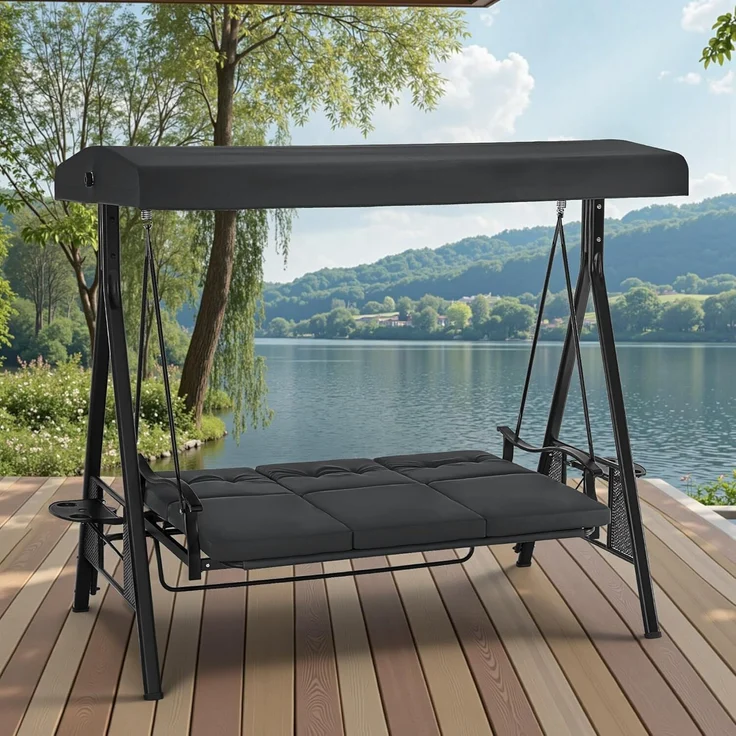 M MCombo 3-Sitzer Hollywoodschaukel mit Liegefunktion, Verstellbarem Sonnendach & Getränkehalter, Gartenschaukel bis 360kg Belastbar Schaukelbank Outdoor Wetterfest, 4093 (dunkgelgrau) – Bild 2