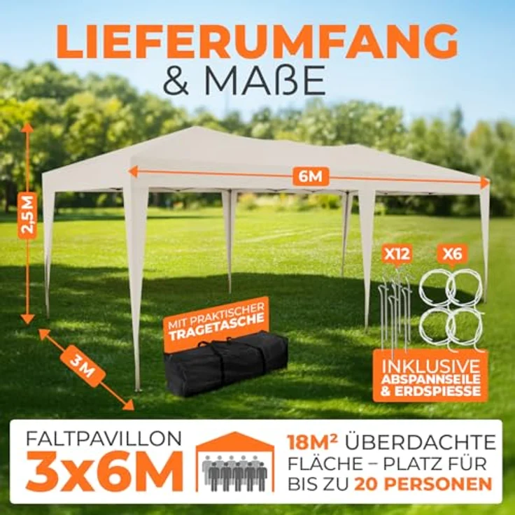 Kronenburg Faltpavillon wasserdicht Pavillon, Gartenzelt, 3x6 m - mit UV Schutz 50+, Champagner – Bild 3
