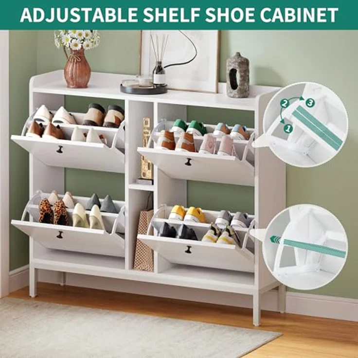 YITAHOME Schuhschrank Schmal mit 4 Klappen, 108 x 27.5 x 95.5 cm für 16 Paar Schuhe mit 2 Offene Regale, Schuhschrank Weiß, Schuhkipper, Schrank Flur Schuhkommode im Flur, Platzsparend – Bild 6