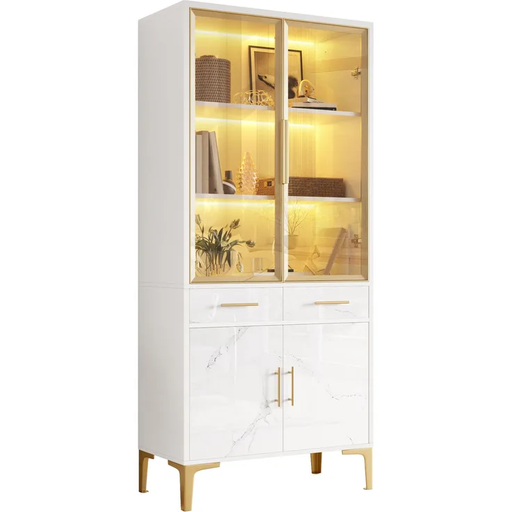 ZUBALIYA Vitrine, mit Schubladen, mit Stauraum, mit LED-Beleuchtung, mit App-Steuerung, H 170 × T 38 × B 75 cm, Weiß, MDF / Spanplatte
