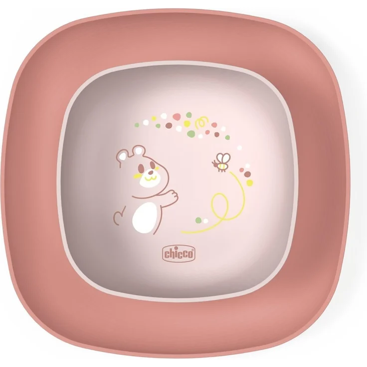 Chicco Geschirrset Kinder, Entwöhnungs-Brotteig-Set mit 1 Teller Platte und 1 Schüssel, 2 Stück, Stapelbarer Geschirrsatz, platzsparend, wiederverwendbar, 12+ Monate, Rosa